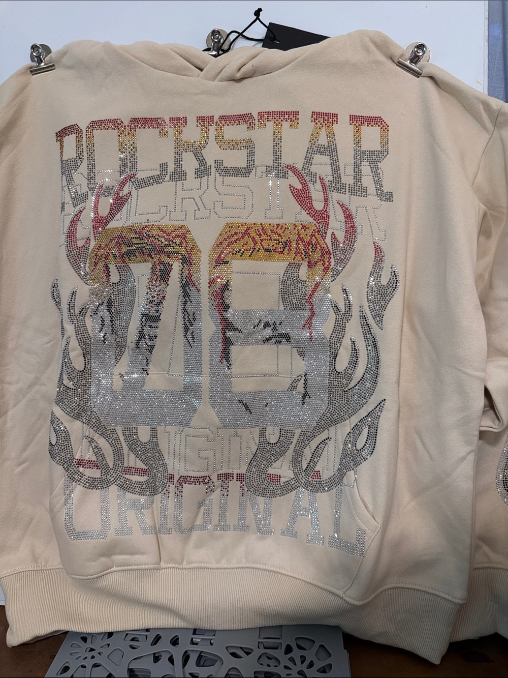 Men's Zip-Up Hoodie Sweater in Cream with Rockstar Graphic